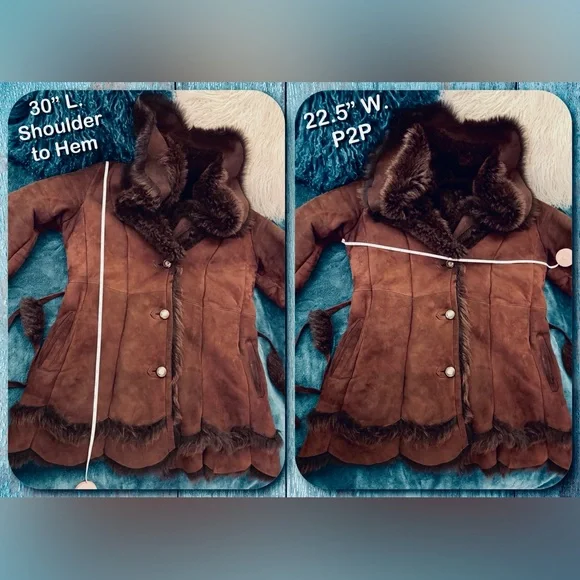 RARE Vintage Suede Shearling HEAVY COAT super warm made in USA Fit & Flare sz L - Picture 10 of 17
